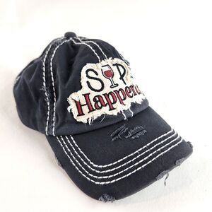 Sip Happens Hat Mens Black Cotton Wine Graphic Adjustable Cap Distressed KBEthos